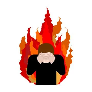 Sinner on fire. OMG. Cover face with hands. Despair and suffering. Hell fire. Stock Illustration