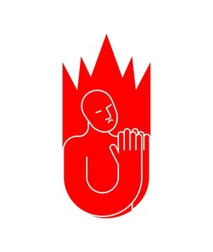 Sinner icon. Sinner in fire to repent. Man prays in fiery hyena. Man in Hellf Stock Illustration