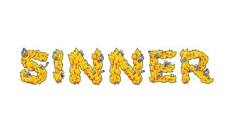 Sinner. Letters from flames. Skeletons in hell fire. Hellfire and bones. Crie Illustrazione stock