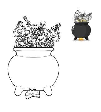 Sinners in cauldron in hell coloring book. Skeletons are cooked in resin in   Stock Illustration