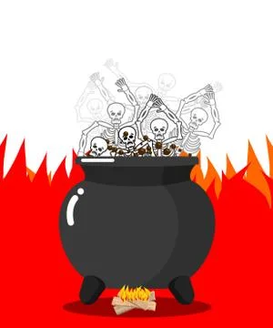 Sinners in cauldron in hell. Skeletons are cooked in resin in underworld. Dea Illustrazione stock