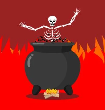 Sinners in cauldron in hell. Skeletons are cooked in resin in underworld. Dea Stock Illustration