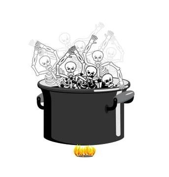 Sinners in cauldron in hell. Skeletons are cooked in resin in underworld. Dea Stock Illustration
