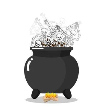 Sinners in cauldron in hell. Skeletons are cooked in resin in underworld. Dea Stock Illustration