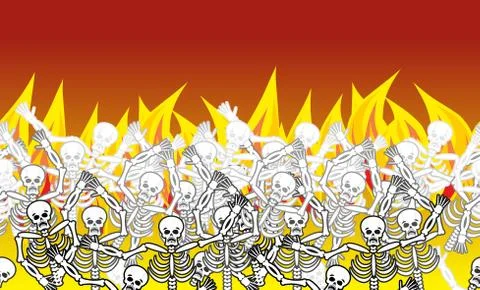 Sinners in fire hell horizontal pattern. dead in  Gehenna. Skeletons screamin Stock Illustration