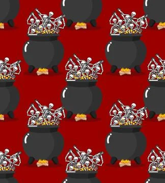 Sinners in pot in Hell seamless pattern. Skeletons are cooked in resin in low 스톡 일러스트