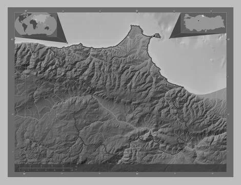 Sinop, Turkiye. Grayscale elevation map with lakes and rivers 库存插图