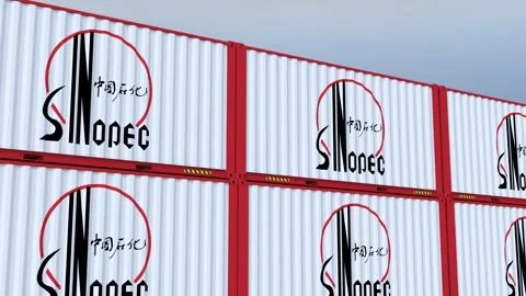 Sinopec logo Metal Boxes Branded with Identity Logo and Flag Adorned Shipping Stock Footage 262929113