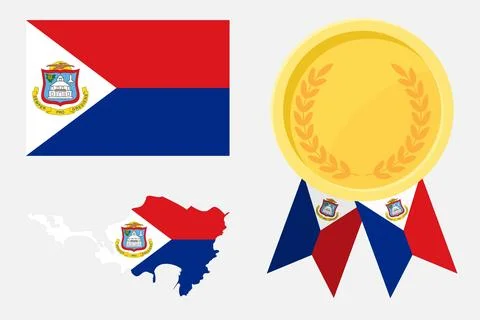 Sint Maarten flag with map and gold medal in set for web and banners or app.. Stock Illustration