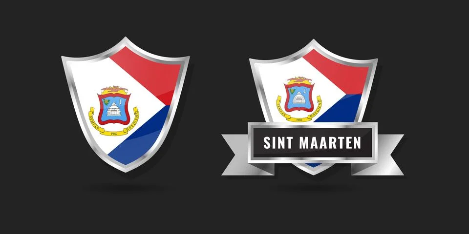 Sint Sint Maarten Flag Shield and Ribbon Badge - Realistic Metallic Caribbe.. Stock Illustration