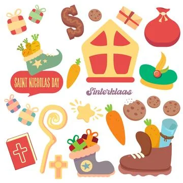 Sinterklaas and Saint Nicholas Day vector icons set. Cute flat illustration Stock Illustration
