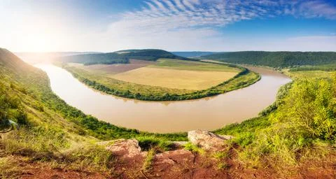 Sinuous river flowing through the canyon. Location place Dnister. Ukraine, Eu Stock Photos
