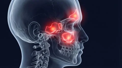 Sinus inflammation in human skull red painful glowing areas Stock Illustration
