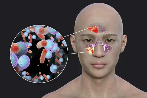 Sinusitis, inflammation of paranasal cavities, 3D illustration Stockillustratie