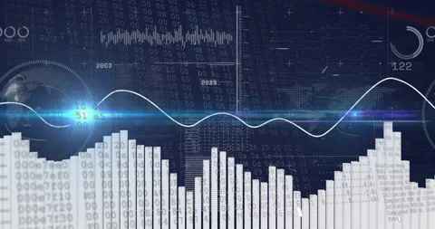 Sinusoidal wave flowing across blue data UI, binary codes drifting, gauges Stock Footage 309109785