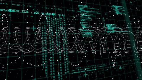 Sinusoidal waveform running across interface with teal code scrolling, 3D grid, Stock Footage 307551229