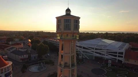 Siofok, water tower on the main square at sunset. Stock Footage 132420557