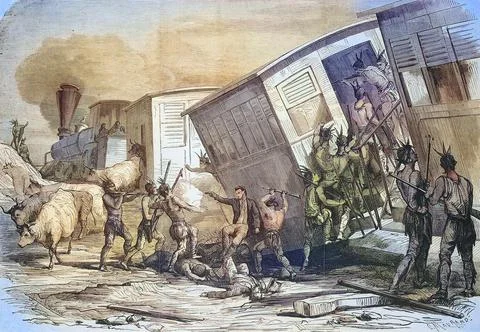 Sioux Indians attacking a train on the Pacific Railroad line in the western Stock Illustration