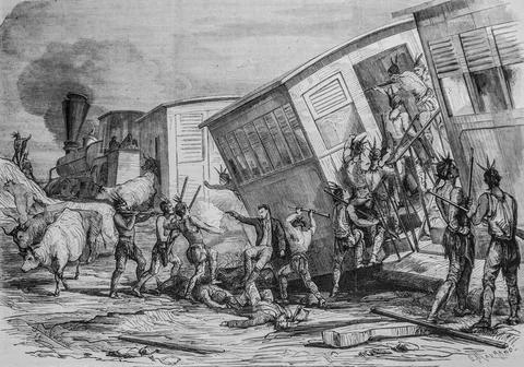 The sioux indians attacking the train of the pacific railway, the illustrious Stock Illustration