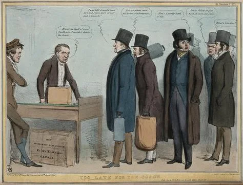 Sir Robert Peel leads a queue for a coach but is told by the keeper of the .. Stock Illustration
