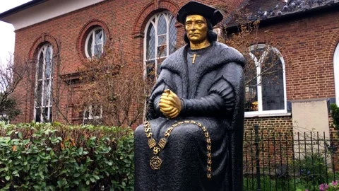 Sir Thomas More statue outside Chelsea Old Church Stock Footage 234120806