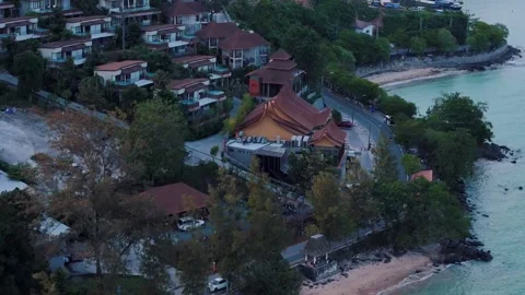 Siray Bay coastal sunset Phuket Thailand golden hour aerial landscape Video stock 331478341