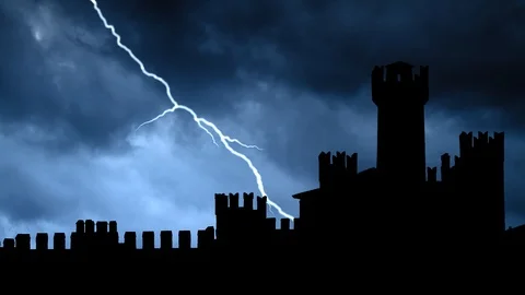 Sirmione Castle: Thunderstorm and Lightning Time lapse with Towers in Silhouette Stock Footage 118958324
