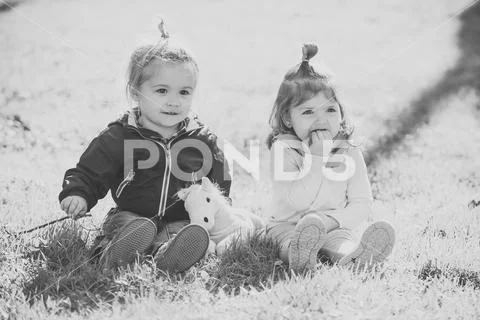 Sister and brother play with toy horse on sunny day Stock Photos