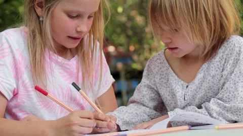 Sister teaching younger sibling to write in a notebook while sitting at an .. Stock Footage 304327955