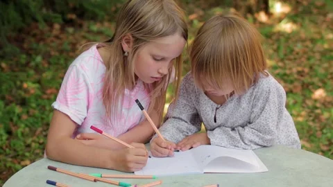 Sister teaching younger sibling to write in a notebook while sitting at an .. Stock Footage 304328319