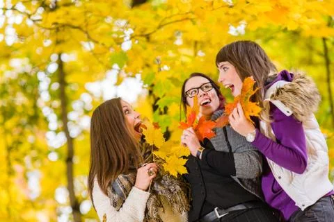 Sisters and maple leaves Stock-Fotos