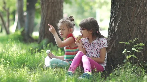 Sisters sit on the grass in the summer Park and eat ice cream. happy carefree Stock Footage 77626542