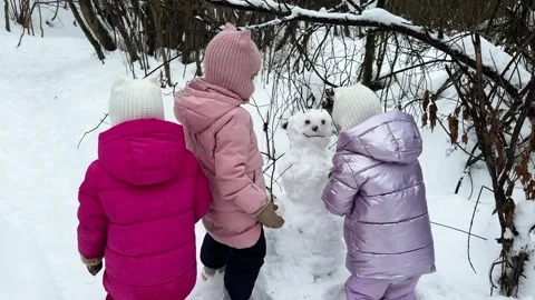 Sisters triplets making a snowman in the forest 库存影片 264114621