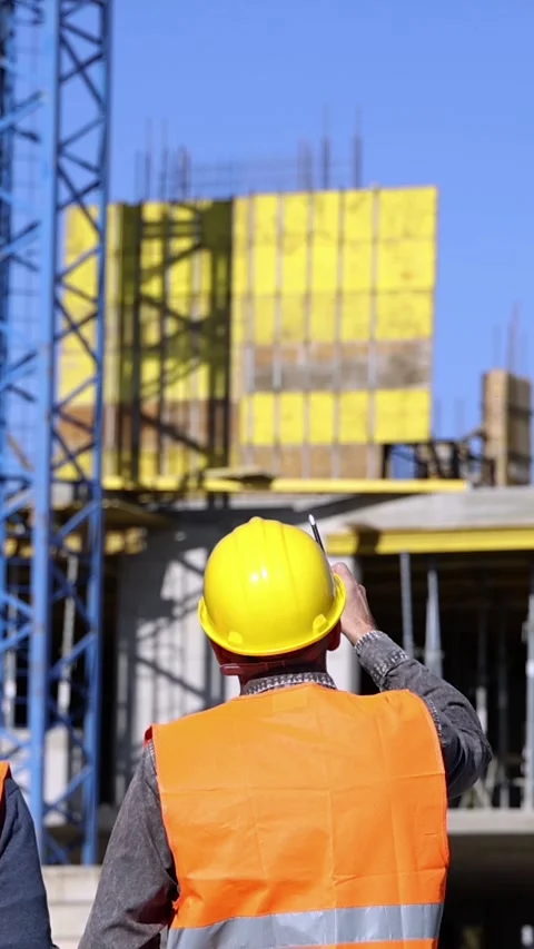 Site Engineer and Construction Supervisor Reviewing Project at New Building Site Stock Footage 313036931
