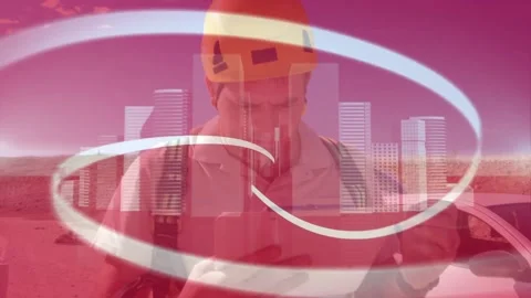 Site engineer tapping tablet and activating spiral ribbon, showing cityscape for Stock Footage 332316492