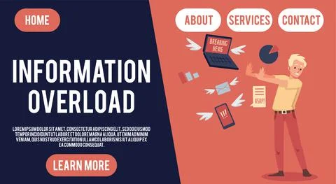 Site on information overload topic with stressed man, flat vector illustration. Stock Illustration