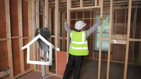 Site inspector facing framing, reaching studs, extending tape to record width, Stock Footage 330980458