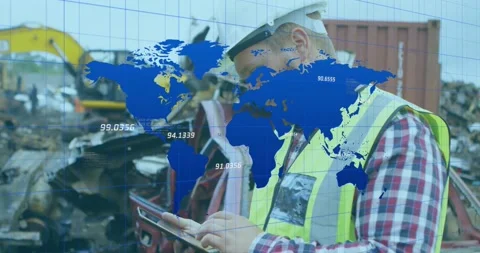 Site inspector tapping tablet at salvage yard, activating world-map overlay and Stock Footage 331109010