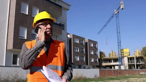 Site Manager on Phone Checking Blueprint at Construction Site with Tower Crane Vídeos de archivo 293693736