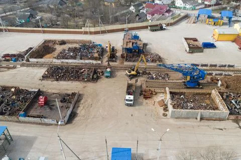 Site for receiving and processing scrap metal top view. Stock Photos