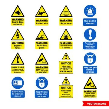 Site security signs icon set of color types. Isolated vector sign symbols. Ic Stock Illustration