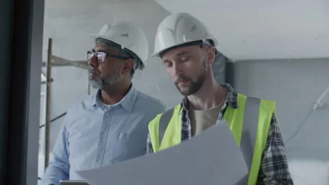 Site Supervisor and Senior Architect Discussing Construction Plan at Work Stock Footage 332249257
