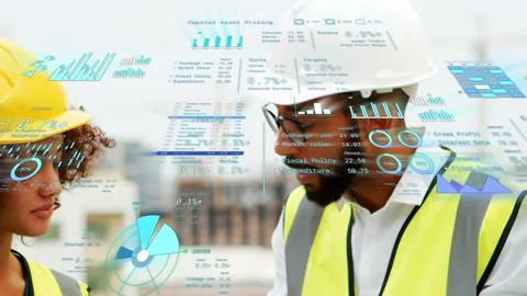 Site tech and site manager tapping device, revealing AR charts and coordinating Stock Footage 335466201