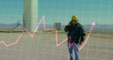 Site tech talking on phone, grid appearing triggers pink line tracking wind Stock Footage 334034785