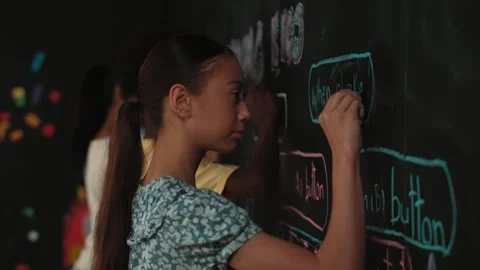 Site view of diverse student write engineering code at blackboard. Edification Video stock 268885714