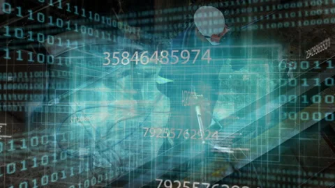 Site workers operating welding torch on steel beam, showing binary overlay for Stock-Footage 308101067