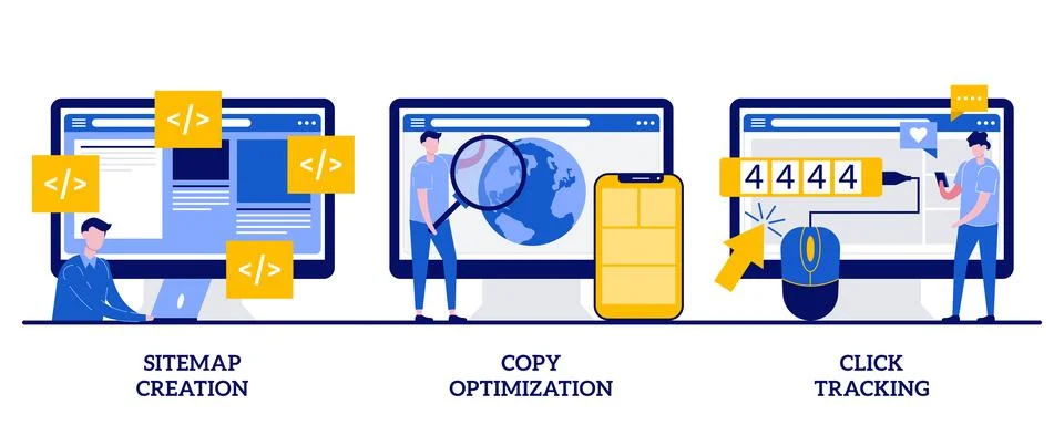 Sitemap creation, copy optimization, click tracking concept with tiny peopl.. Stock Illustration