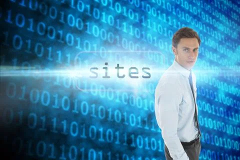 Sites against shiny blue binary code on black background Stock Illustration