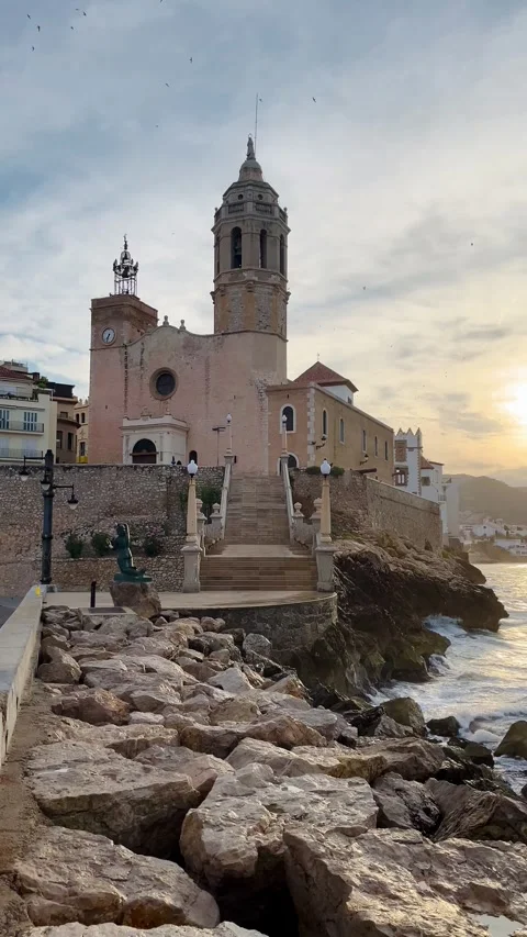 Sitges cathedral at sunrise Stock Footage 344303342