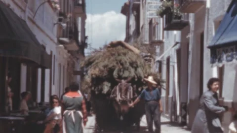 Sitges, Spain - 1954: man pulls a horse carriage transporting vegetables Stock Footage 260467288
